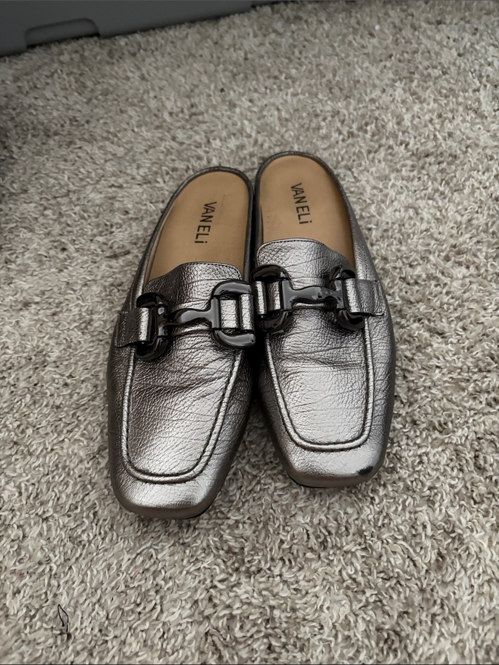 Vaneli Gunmetal Leather Slip-On Loafers with Buckle